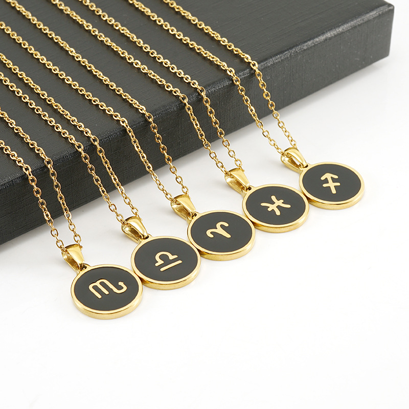 Fashion Round Constellation Stainless Steel Pendant Necklace Enamel Gold Plated Stainless Steel Necklaces display picture 4