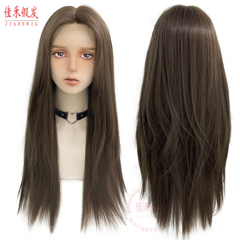 Factory wholesale 2022 new eight-character bangs middle front lace hand-woven Korean chemical fiber long straight hair wig headgear