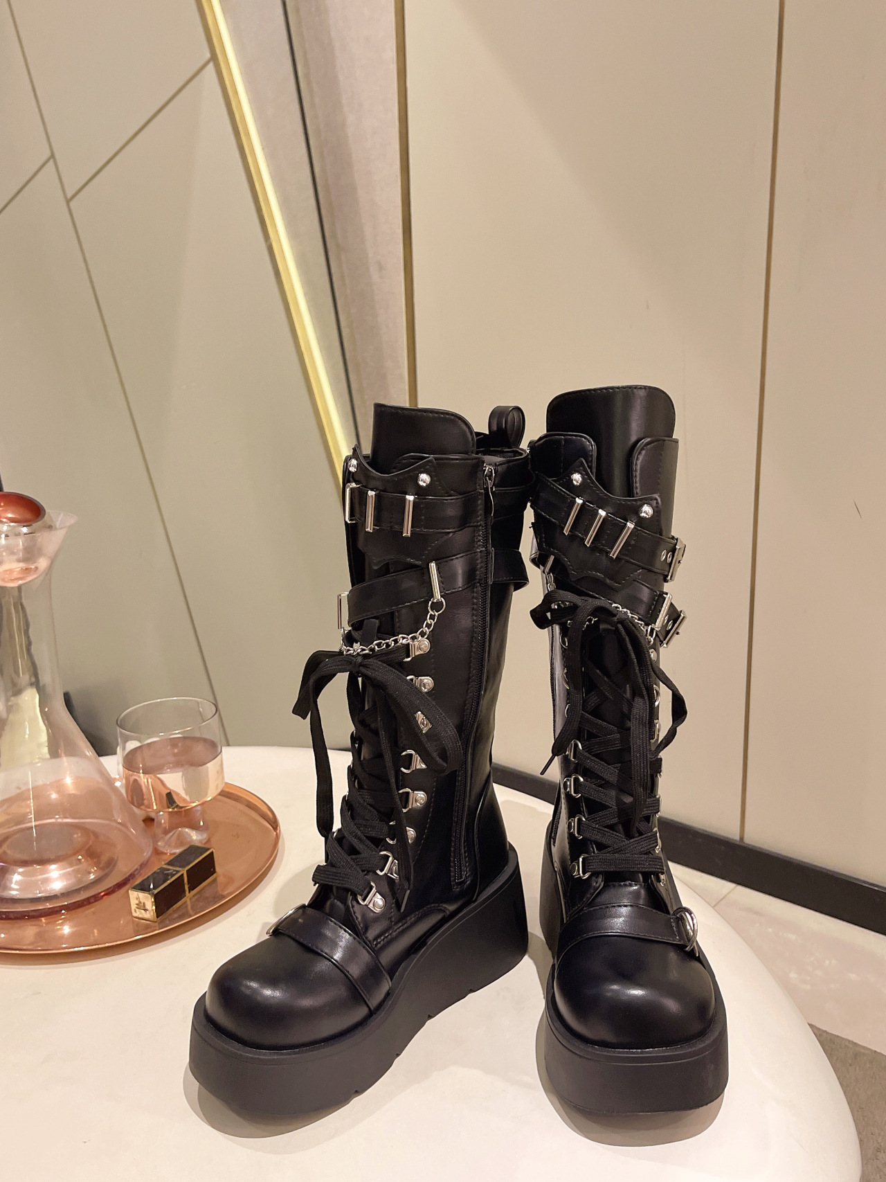 Women's Shoes rivet buckle thick heel mid tube boots women's Gothic punk style knight boots _voghion.com