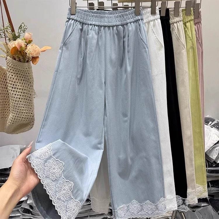 Plus Size 120kg Lace Trim Color-Block Casual Wide-Leg Pants for Women, Spring/Summer Slimming High-Waisted Straight Cropped Pants