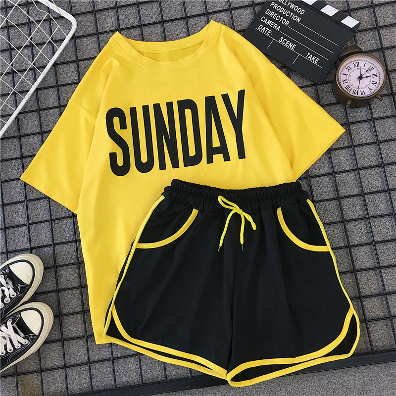 Foreign Trade Running Casual Sportswear Suit for Women Summer Korean Style Short-Sleeved Shorts Two-Piece Set Cross-Border Hot Sale