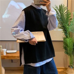 Split Sweater Vest Men's Hong Kong Style Spring and Autumn Ins Outer Waistcoat Fashionable All-match Loose Knitted Vest