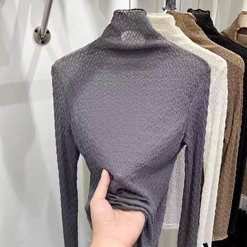 Spring and Autumn New Half-High Collar Honeycomb Lace Base Shirt for Women, Fashionable Layering Piece, Elegant and Sexy Long-Sleeve Mesh Top Spring and Autumn New Half-High Collar Honeycomb Lace Base Shirt for Women, Fashionable Layering Piece, Elegant and Sexy Long-Sleeve Mesh Top