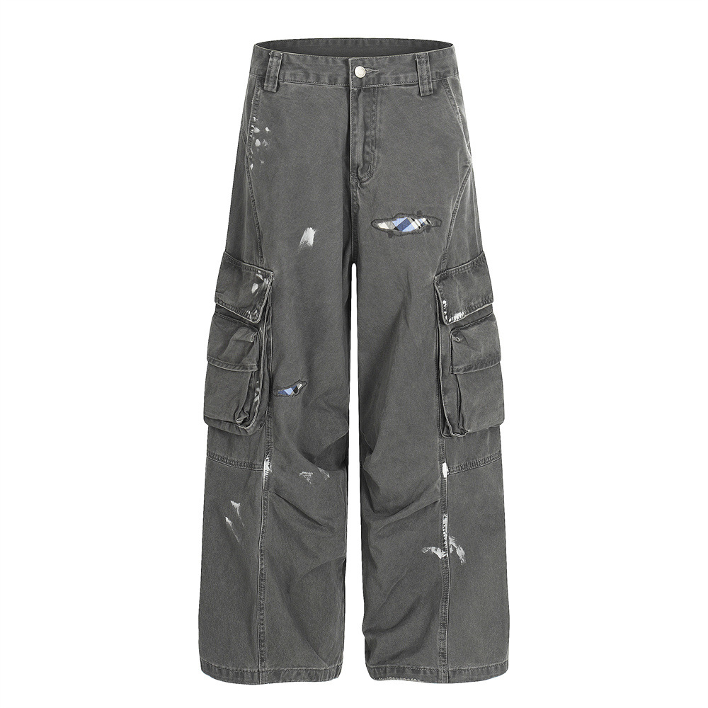 European and American Street Style Men's Pants, Vintage Dirty Multi-Pocket Cargo Trendy Loose New Wide-Leg Pants