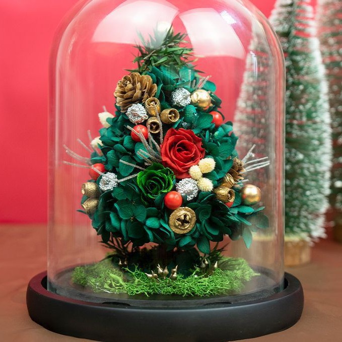 Árbol de Navidad con cubierta de cristal y rosa eterna, producto terminado, regalo de Navidad para novia con un toque de lujo, adorno de flor eterna.