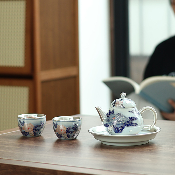 鄭文強大師鎏銀茶壺蓋碗小套組瓷胎銀包999銀茶具套組禮盒裝