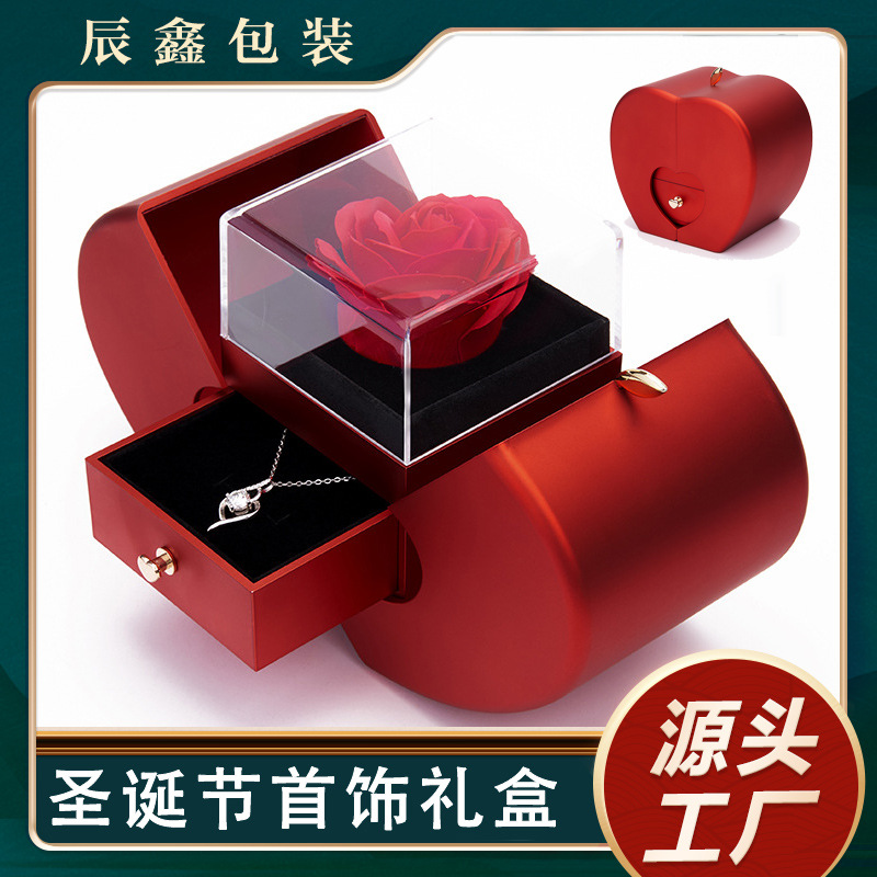 亚马逊热卖双开永生玫瑰花首饰盒创意红苹果圣诞礼物盒项链戒指盒