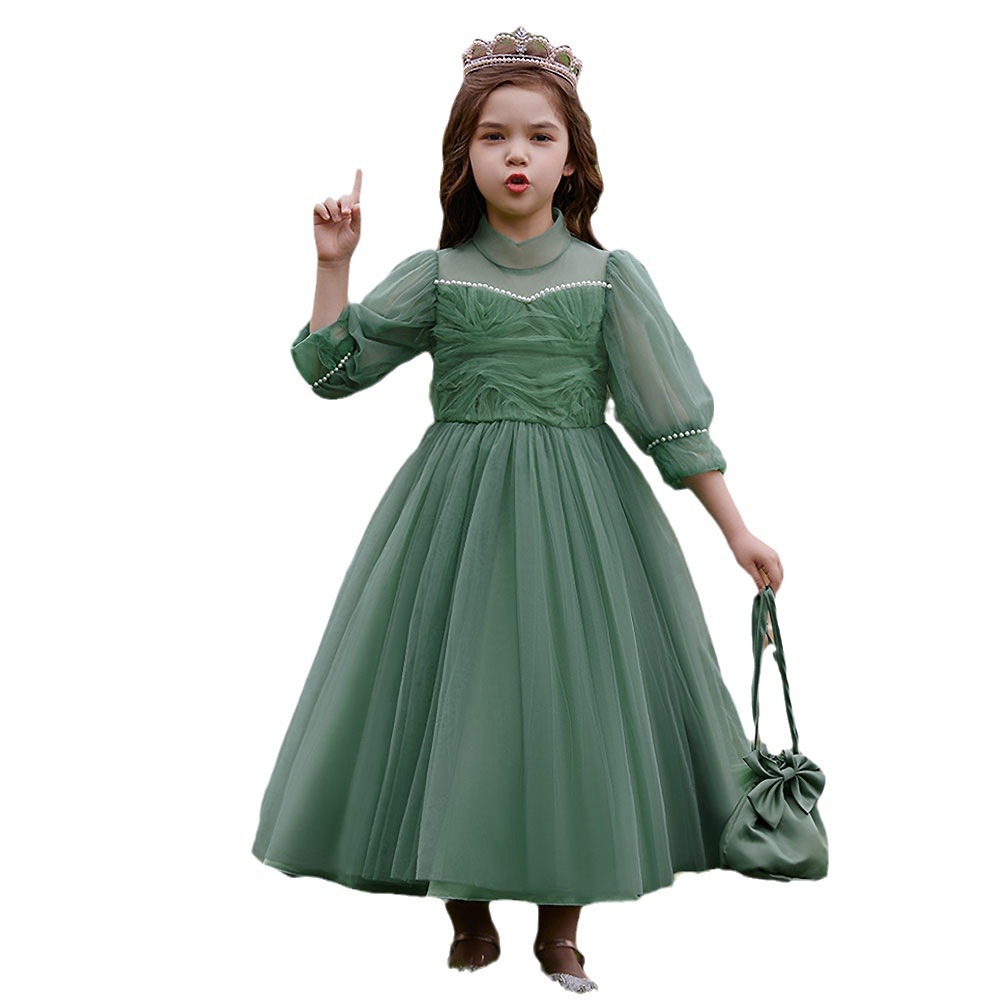 Amazon nuevo vestido de malla de manga larga para niños medianos y grandes Vestido de princesa vestido de novia con cuentas para niños vestido de banquete de niña de flores