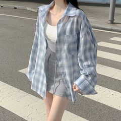 韩系蓝色格子防晒衬衫慵懒休闲新款宽松百搭长袖衬衣上衣外套