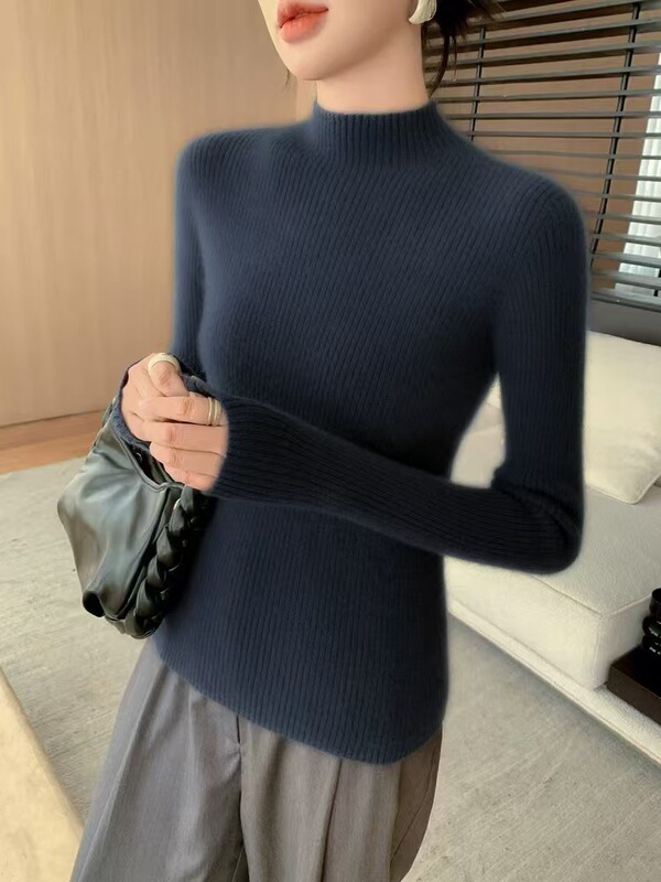 Winter High-End Ready-To-Wear Half-Turtleneck Cashmere Sweater for Women, Slim-Fit Thin Knitwear, Base Layer Wool Sweater