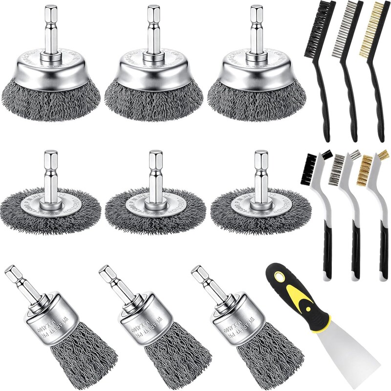 16-Piece Carbon Steel Wire Wheel Brush Set, Special Wire Brush for Drill Bits, Nylon/Brass/Stainless Steel Bristles