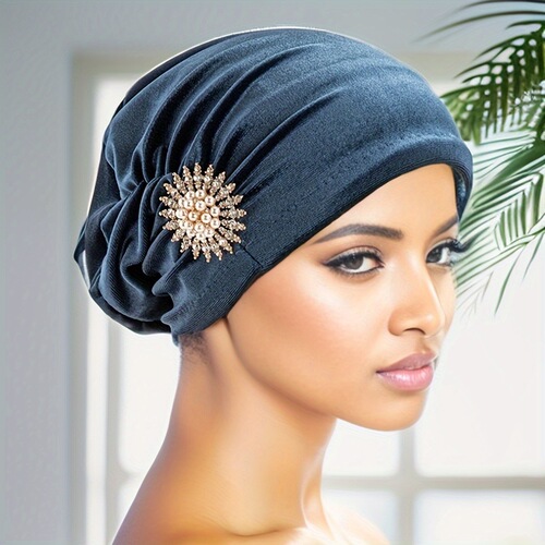 New Elegant Retro Korean Fleece Fabric Sparkling Pearl Sunflower Head Scarf Hat for Church Muslim Women Winter