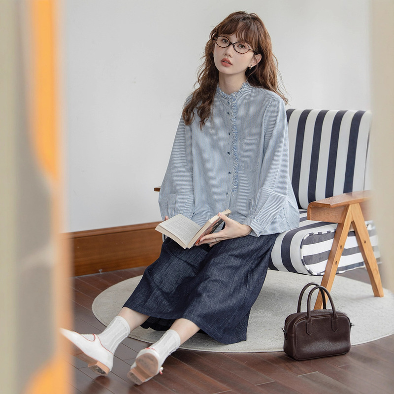 2025秋季新款日系宽松条纹衬衫女设计感流苏边小众气质长袖衬衣|undefined