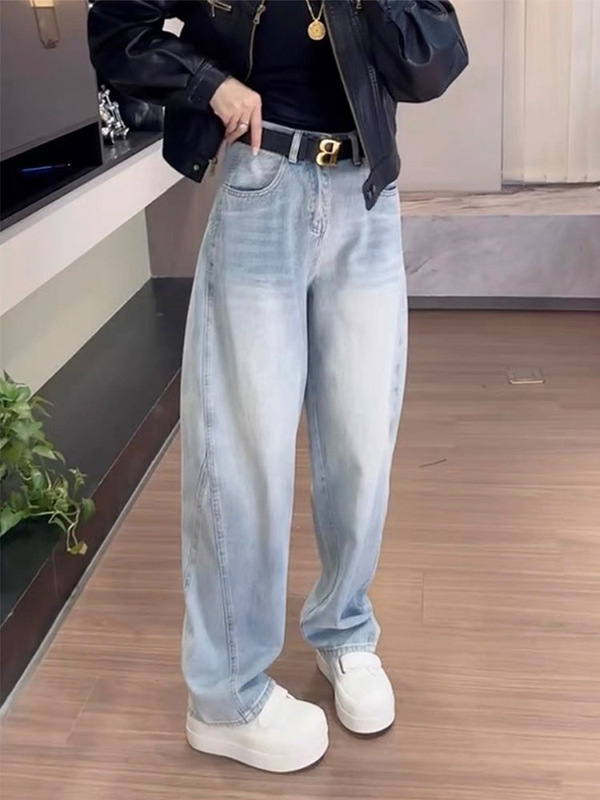 美式复古弯刀牛仔裤女2025年秋季新款大码胖mm宽松显瘦直筒长裤子|undefined