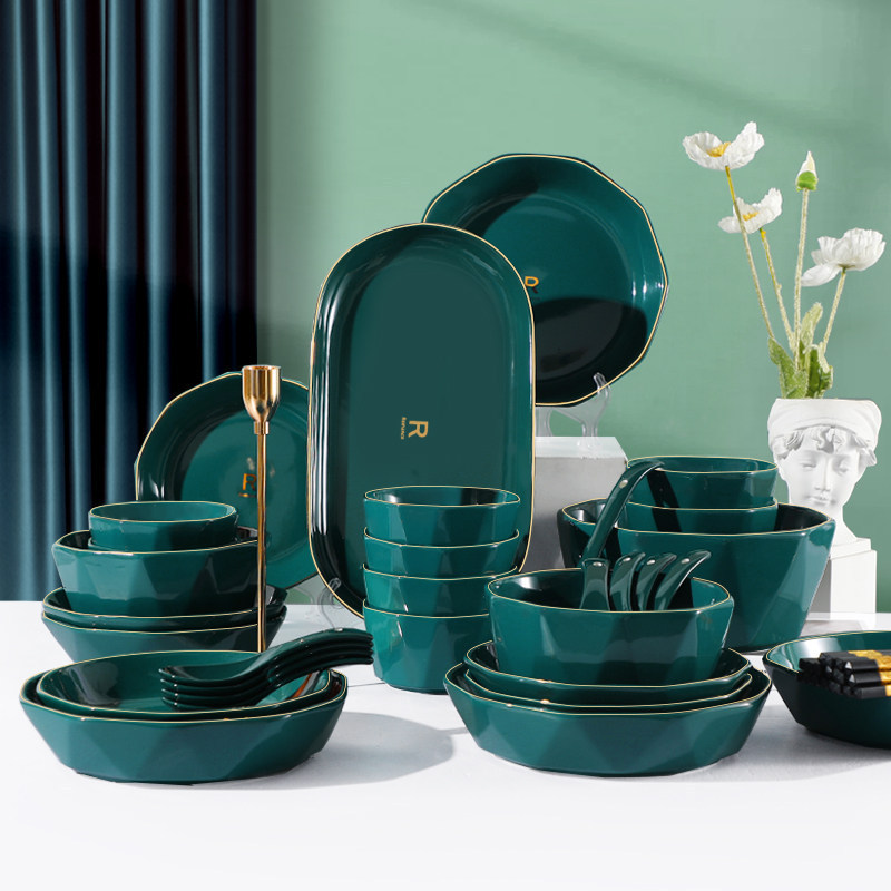 Creative Light Luxury Gold-Rimmed Tableware Set, Rice Bowl, Soup Bowl, Plate, Dish, Personalized Peacock Green Style