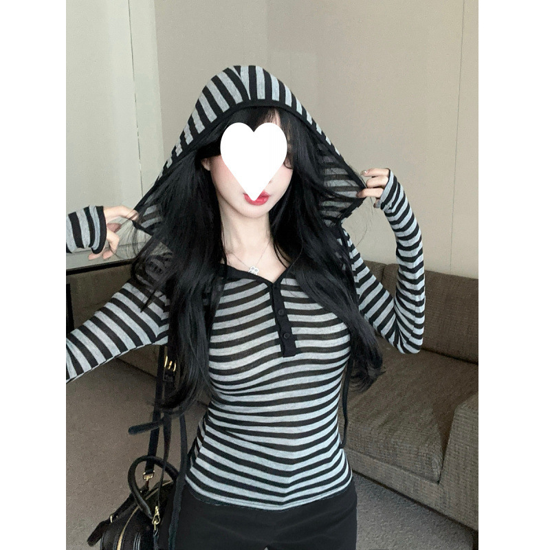 工厂批发【原版做法】连帽条纹长袖卫衣女秋冬辣妹打底衫翻领内搭|undefined