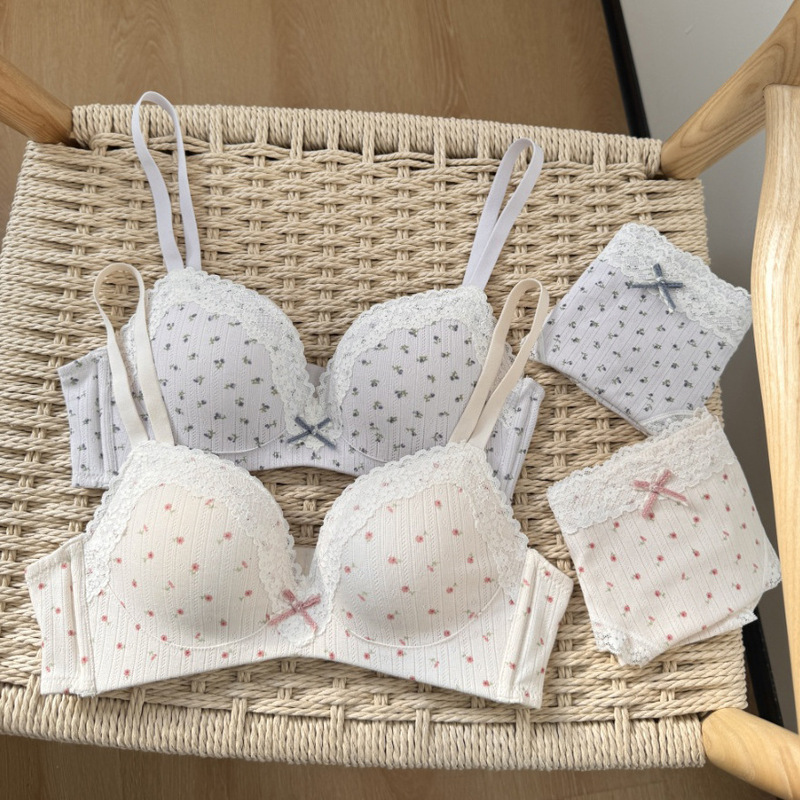French-Style Fresh Lace Floral Lingerie for Women, Thin Small Chest Push-Up, Sweet, Comfortable, Soft Student Bra Set