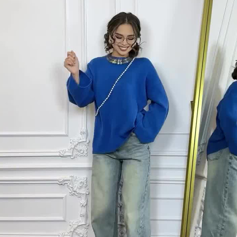 2024 otoño nuevo estilo europeo y americano Amazon transfronterizo explosión de ropa de mujer de color sólido perezoso viento suéter delgado versátil