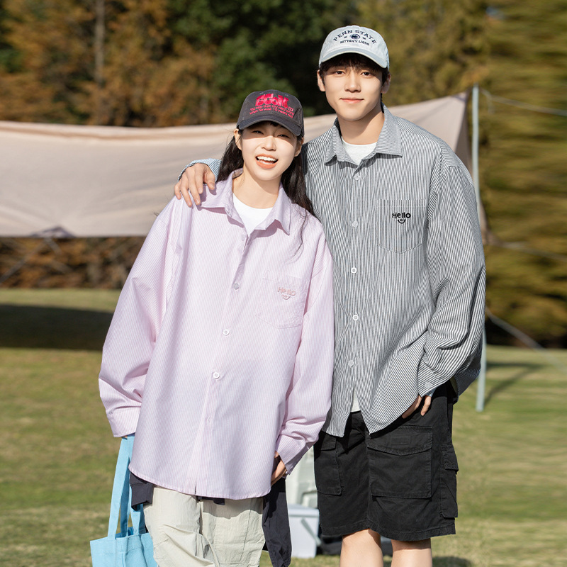 American Retro Casual Long-Sleeve Shirt for Men with Striped Color-Blocking Design, Pocket, Loose Fit, and 3D Embroidery Jacket