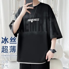 偽ツーピースアイスシルク半袖Tシャツメンズ2025夏トレンディブランドルーズで多用途なルーズラウンドネック半袖Tシャツ