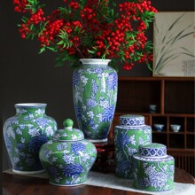 绿色陶瓷花瓶青花瓷花瓶高级感中古陶瓷将军罐玄关博古架装饰摆件