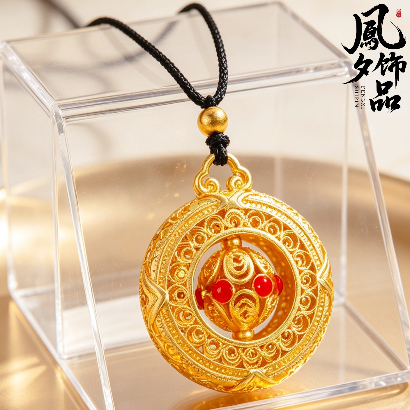 Traditional Gilt-Plated Filigree Hollow Compass Pendant with Rotatable Red Bead for Good Luck, New Chinese Style Black Cord Necklace