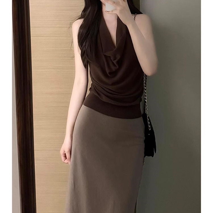 韓国シックなハイエンドスイングカラーニットベスト Tシャツ女性の夏の新しいコーヒー色スリムフィットノースリーブトップ|undefined