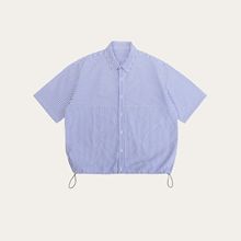 MAMINQIN新款设计拼接牛津纺蓝条纹短袖衬衫男女Cleanfit休闲衬衣