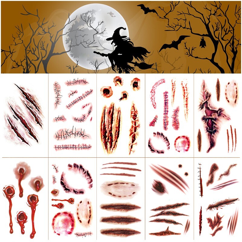 Cross-border Halloween tattoo stickers scar funny horror realistic scar water transfer waterproof spot simulation stickers