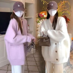 2024 Autumn and Winter Korean Versatile V-neck Sweater Coat Thickened Outer Wear Knitted Sweater Gentle Loose Lazy Style