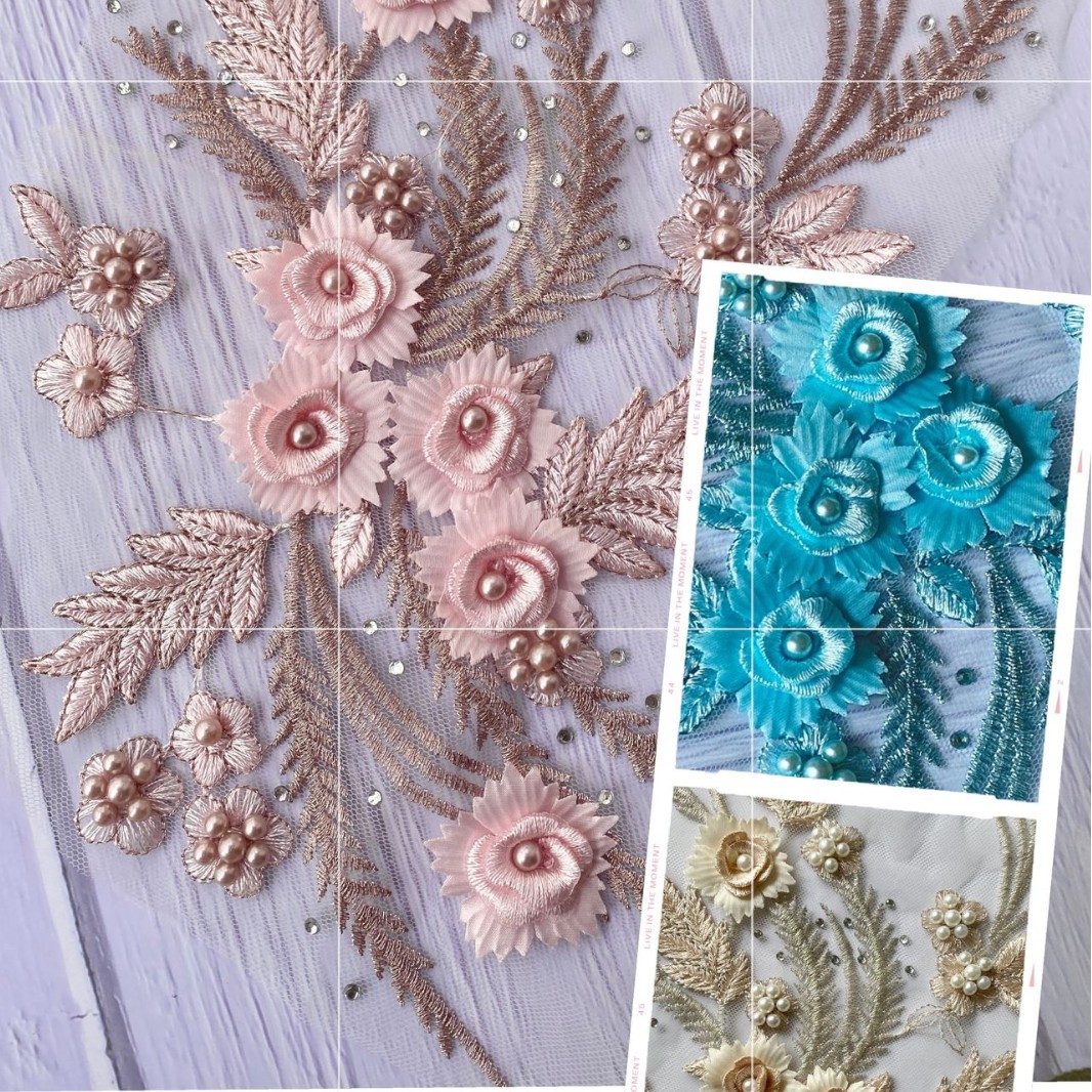 对花 20色可选3D立体花网纱刺绣蕾丝婚纱礼服面料女裙服装面料