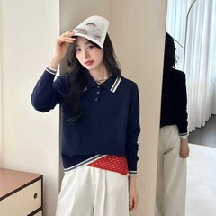 2025秋冬新款韩版宽松显瘦长袖针织衫女百搭POLO领撞色打底衫上衣