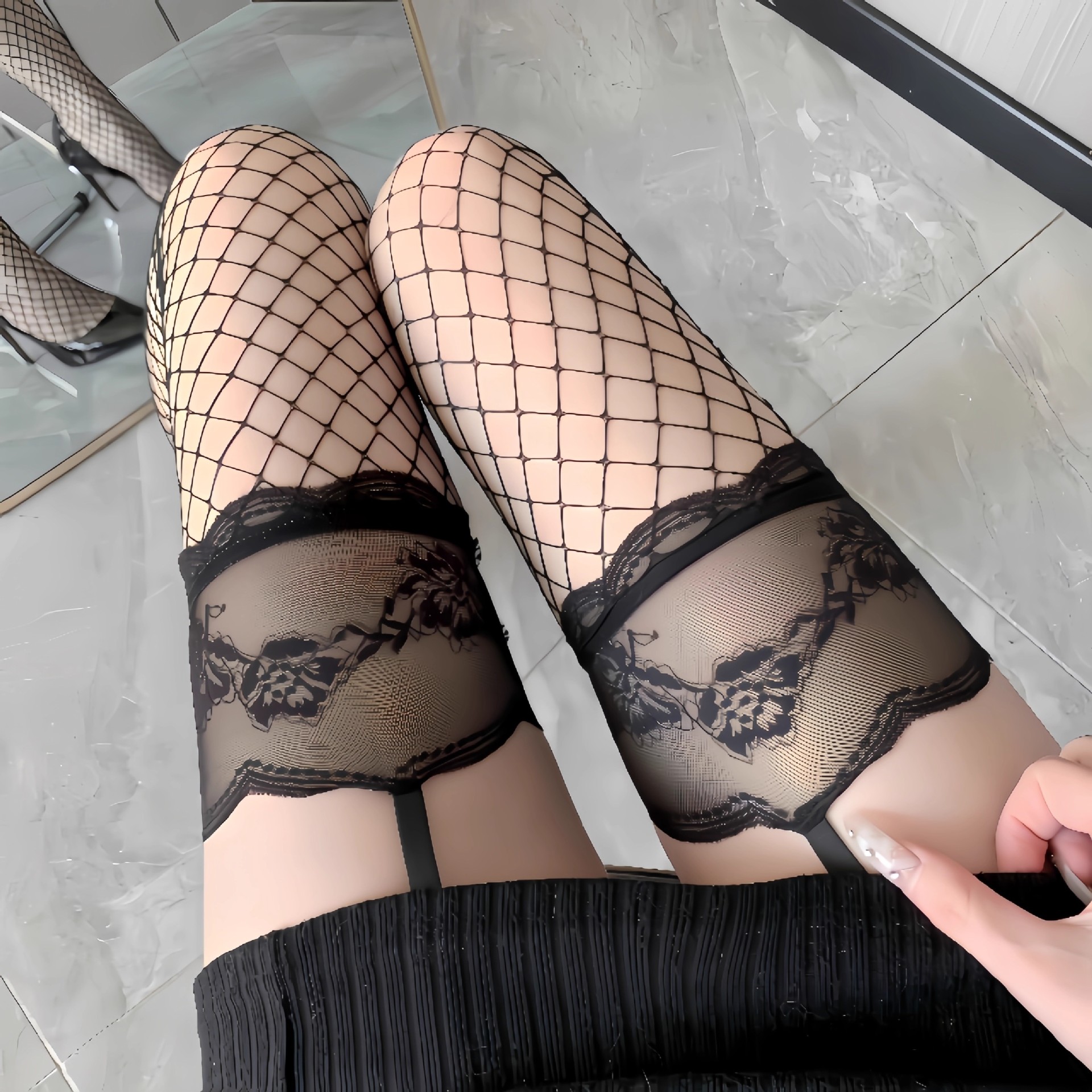 Black Silk Suspenders, Fishnet Stockings, Feminine Lace, Thin, Sexy Legs, Sexy Black Pure Lust Garter Stockings