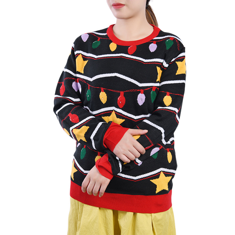 (2개) 공장 가공 맞춤형 니트 긴 소매 티셔츠 유럽과 미국의 니트 크리스마스 트리 스웨터 LED 램프 구슬 밝은 크리스마스 스웨터