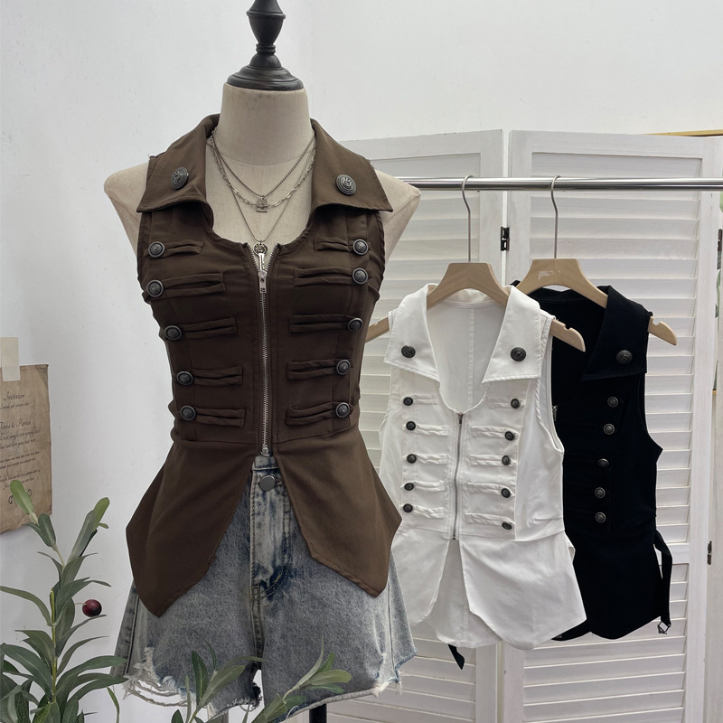 Real Shot of Retro Metal Double-Breasted Elastic Slim Waist Zipper Cardigan Lapel Short Vest 6295 Real Shot of Retro Metal Double-Breasted Elastic Slim Waist Zipper Cardigan Lapel Short Vest 6295