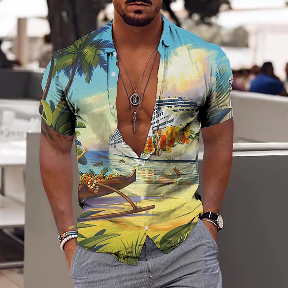 Holiday, Beach Occasion Wholesale Men's Vacation Cartoon Landscape Short Sleeve Printing Men's Tops