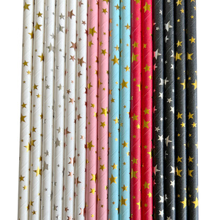 New Product Hot Stamping Silver Paper Straw Color Five Star Disposable Paper Straw Party Dessert Juice Drink Decorative Tube
