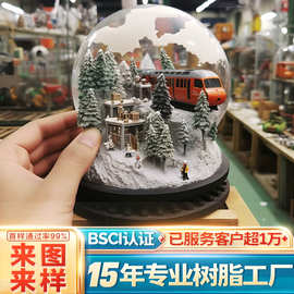 定制水晶球音乐盒摆件雪景建筑内景圣诞树自动旋转飘雪树脂工艺品