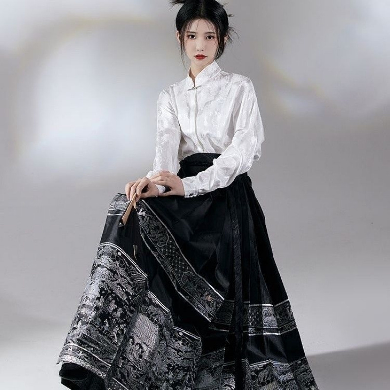 New Chinese-Style Tops, Chinese-Style Tang Suits, Women's National Style Suits, Black Hanfu Improved Horse-Faced Skirts, Two-Piece Sets, Spring & Fall New Styles