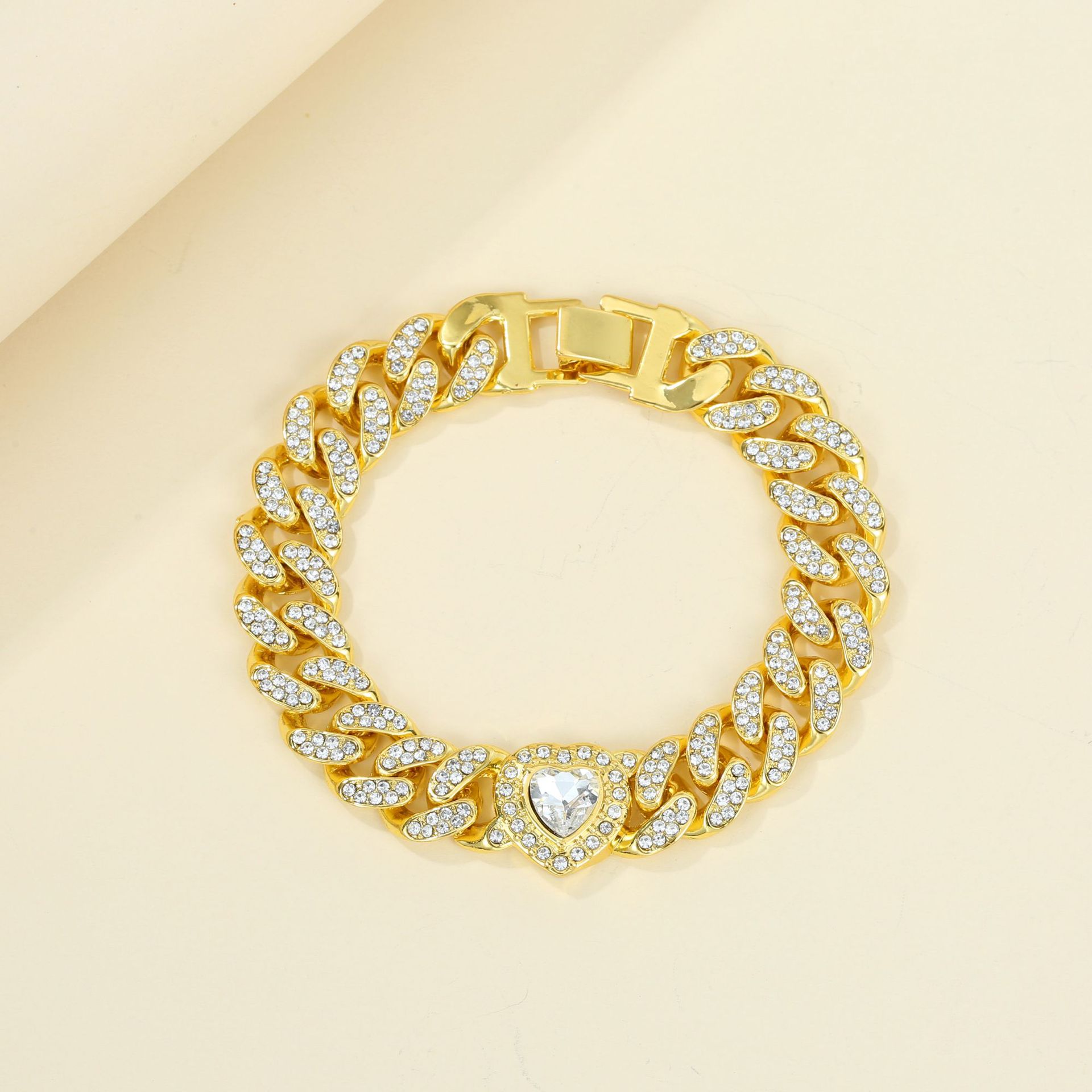 European and American cross-border Cuban bracelet men's jewelry diamond-encrusted alloy hip-hop bracelet electroplating couple hand jewelry wholesale