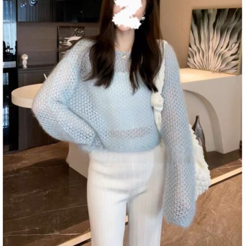 Hollow knit turtleneck loose new lazy sweater long sleeve casual base top robe