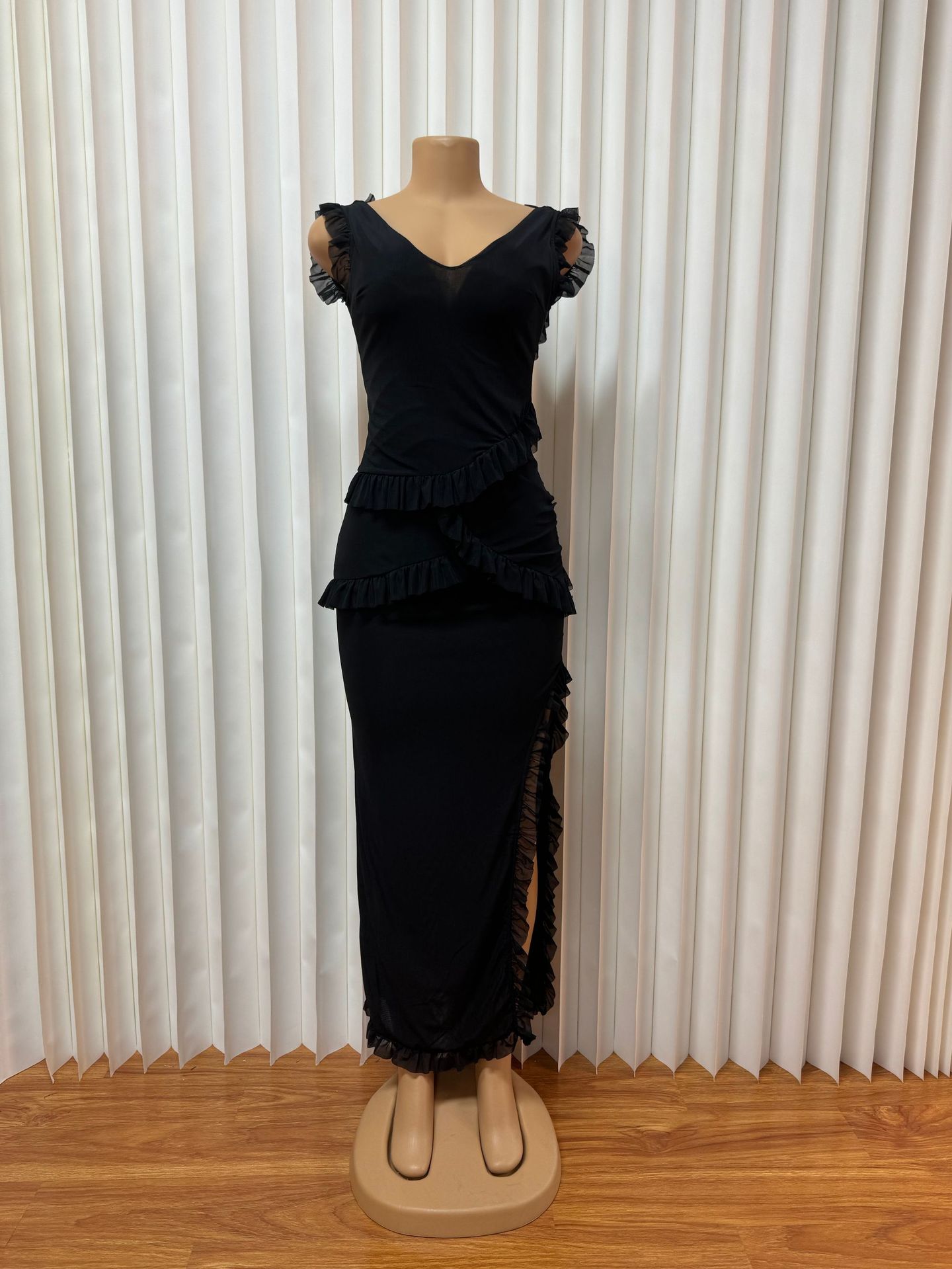 Sexy Ruffled Patchwork Dress Style Backless Slit Solid Color Fashion Elegant Women's Clothing_ecoleips.com