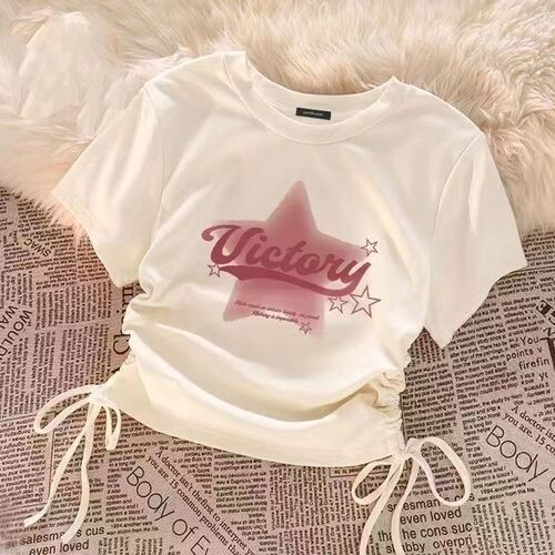 Women's Apricot Short-Sleeve T-Shirt Summer Style for Girls and Big Kids with Drawstring Design, Star Print Graphic Top Trendy