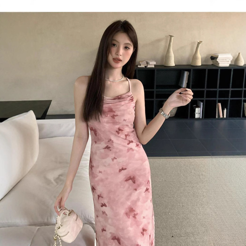 2025 Super Fairy Butterfly Mesh dress Printed Slip Collar Top Women's Short Mid-length Skirt Hot Long Skirt