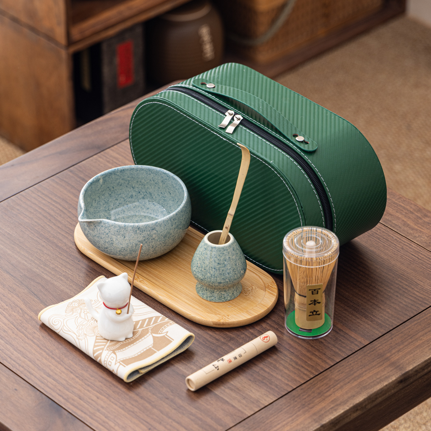 Cuenco de matcha corrugado caja de cuero set adorable gatito Xiangdao ocho piezas set punto té 100 tazas de té