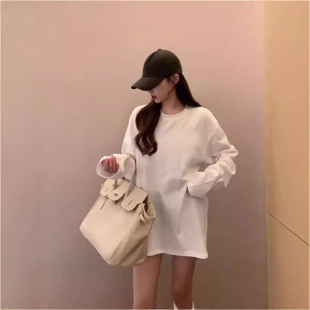 한국식 흰색 긴팔 티셔츠 여성용 가을 옷 느슨한 스웨터 내베이스 셔츠 겨울 샌딩 코튼 탑