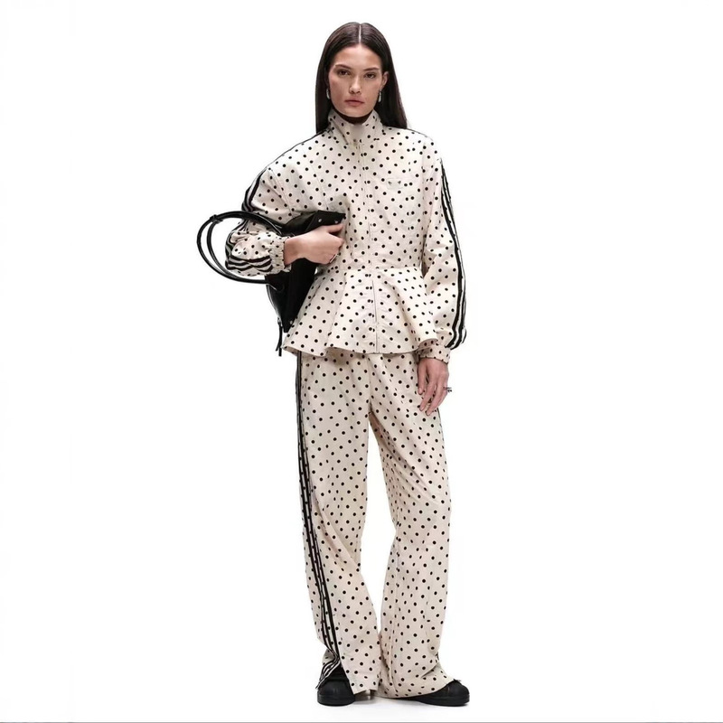 Cross-border three-piece ASOS polka dot set women's clothing: stand-up collar skirt-style trench coat, jacket, sports pants, coat, trousers