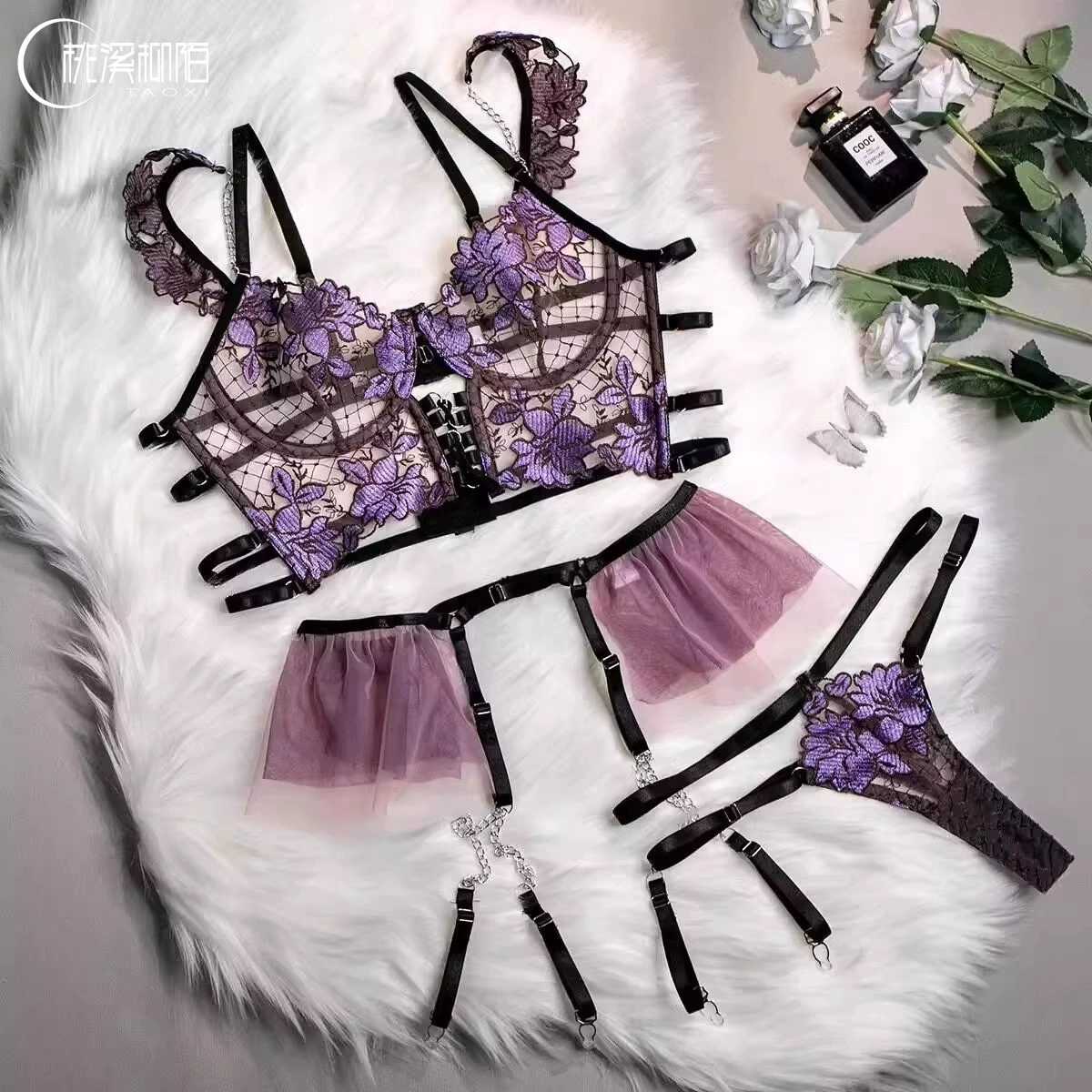 (), sexy underwear, lace set, with embroidery, 3 piece set
