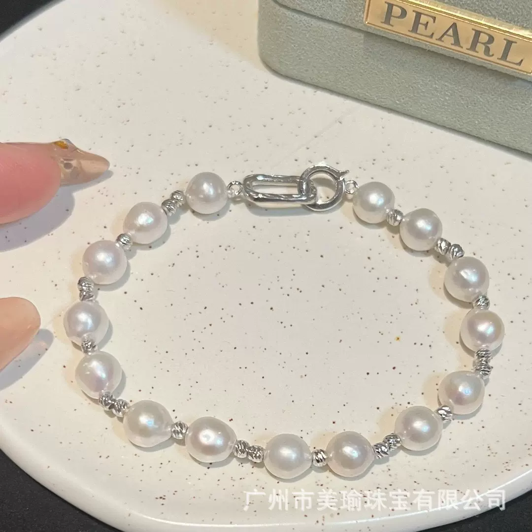 正品天然巴洛克珍珠手链女S925银子法式手饰彩色淡水白珍珠异形珠