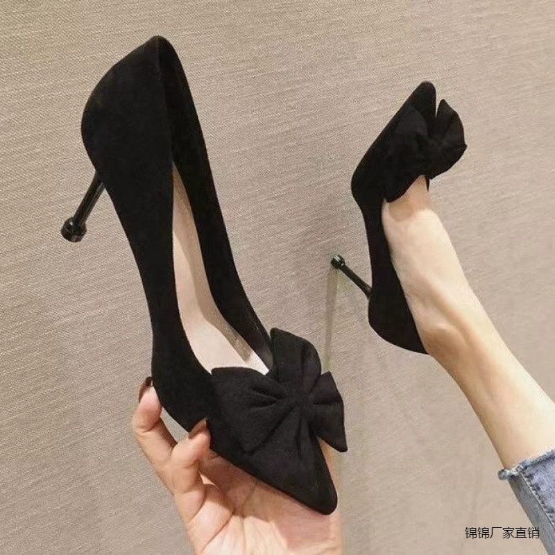 Большие туфли с бантом на высоком каблуке 2024 новая весна и осень французские легкие женские туфли с черным заостренным каблуком